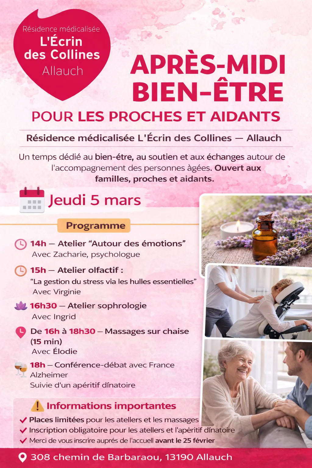 Organisation de l’après-midi bien-être du 5 mars — Résidence L’Écrin des Collines
