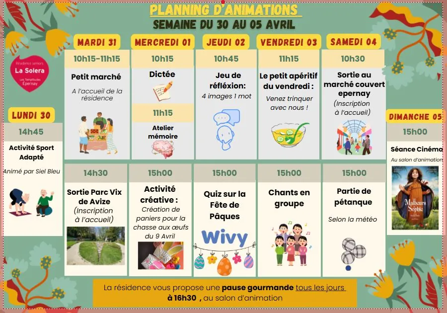 Planning des activités du 30/03 au 05/04