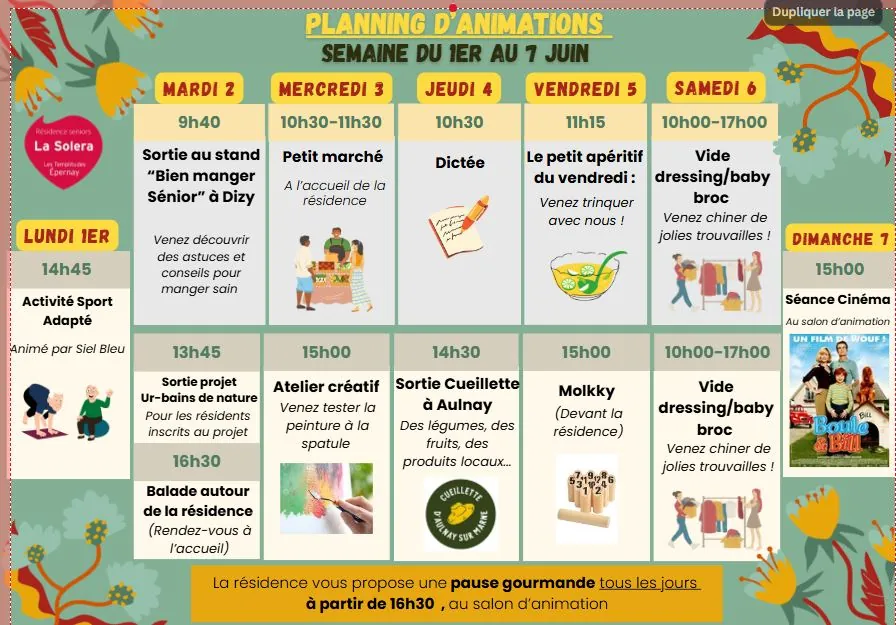 Planning des animations du 01 au 07/06