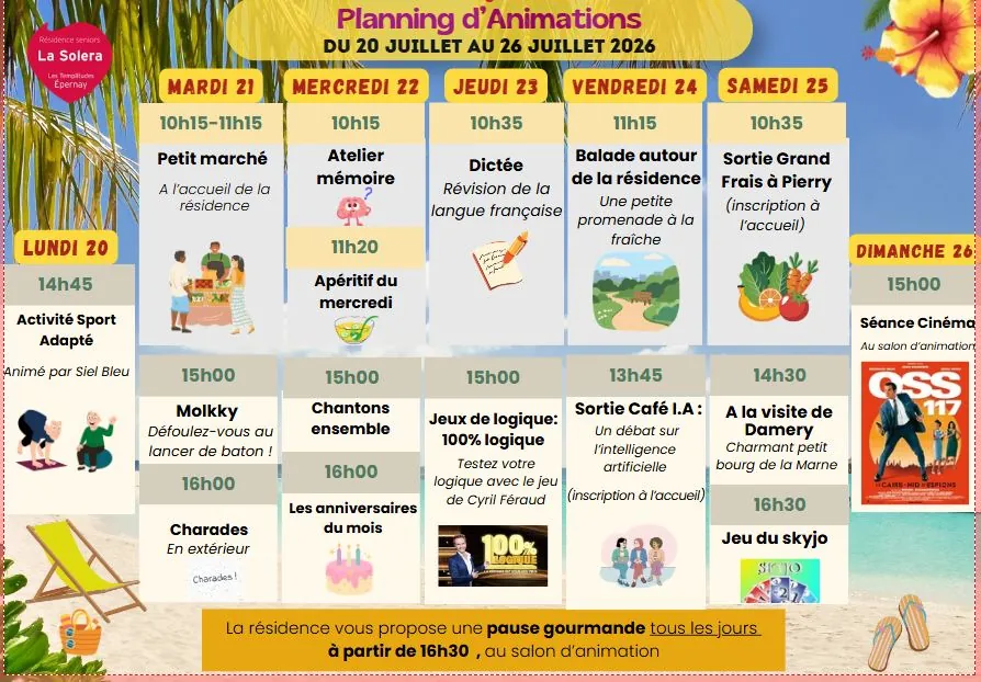 planning des animations du 20 au 26/07
