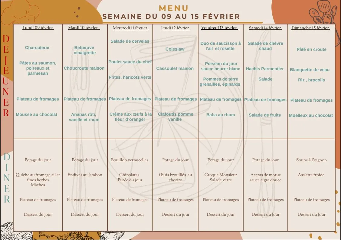 Menu du 09 au 15/02