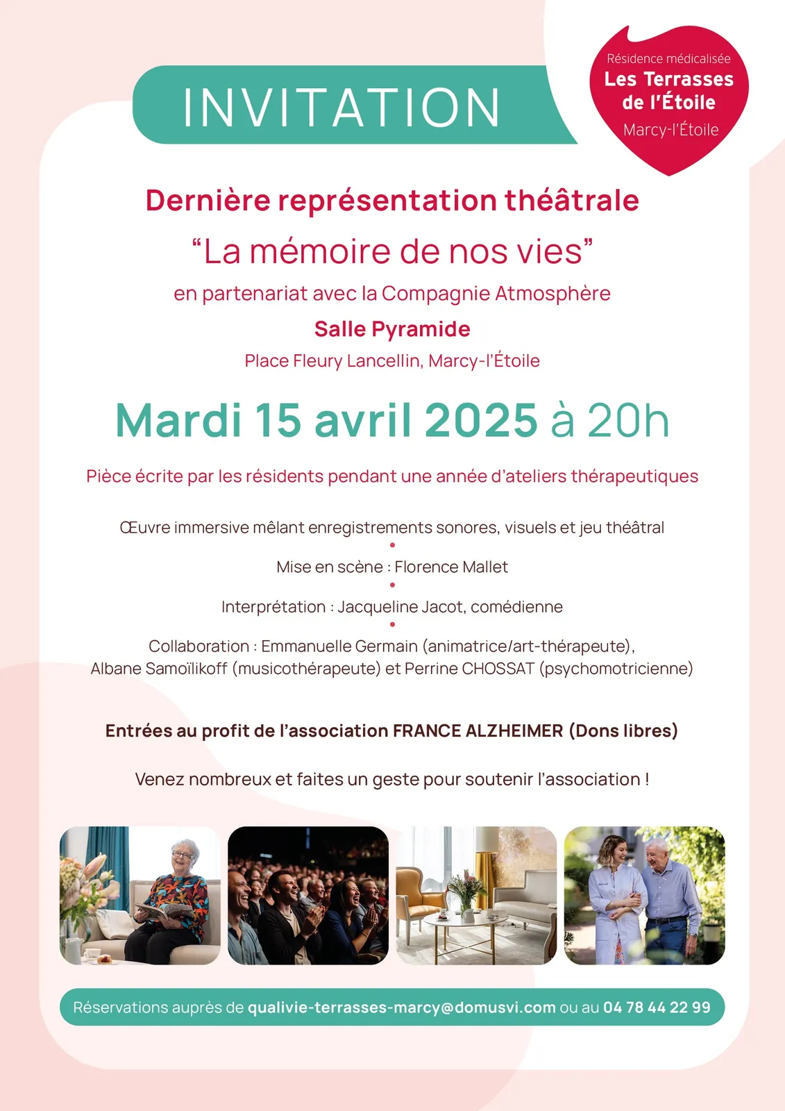 INVITATION- Representation théâtrale "la mémoire de nos vies" le mardi 15 avril à 20h salle Pyramide à Marcy l'étoile