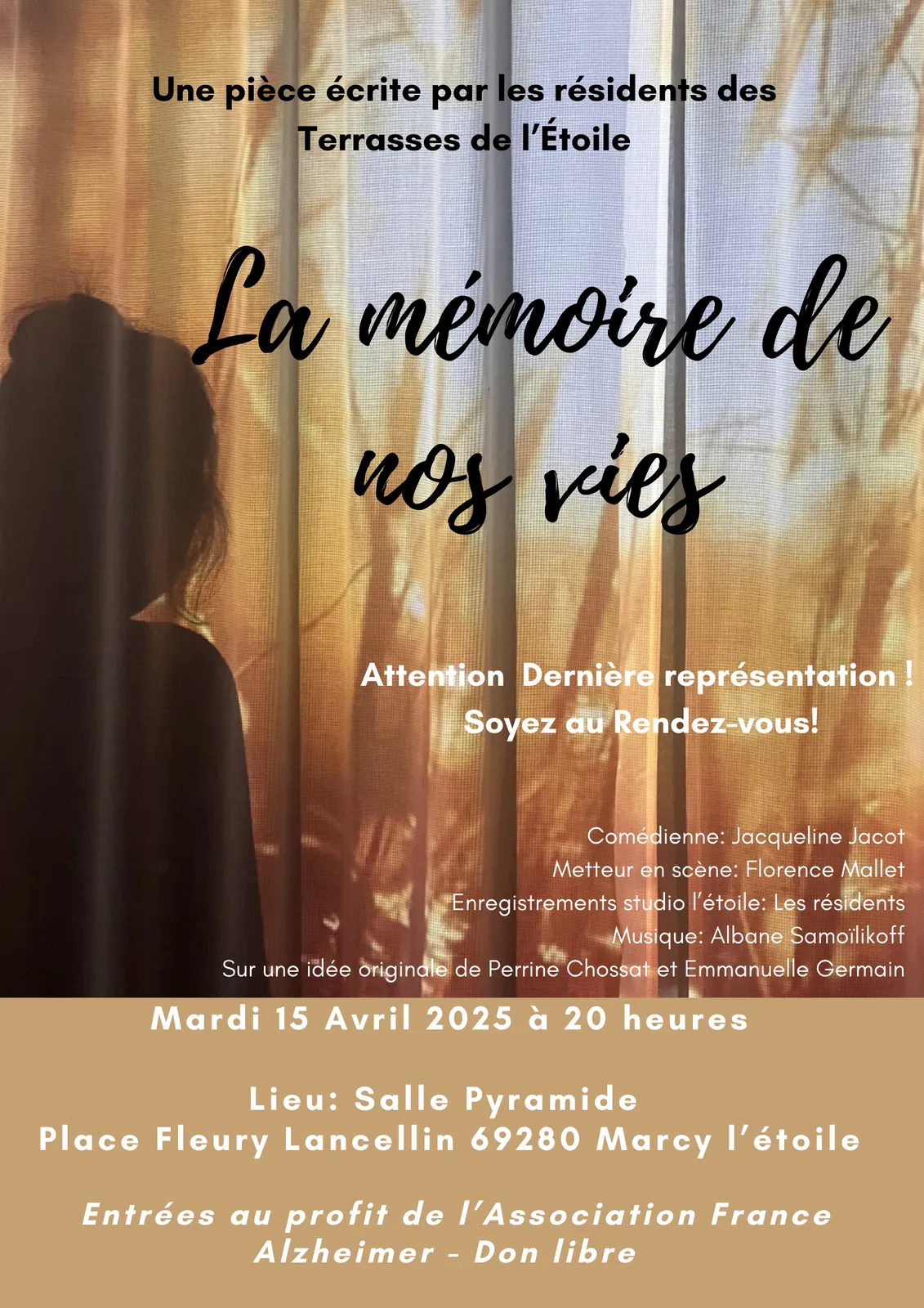 INVITATION- Representation théâtrale "la mémoire de nos vies" le mardi 15 avril à 20h salle Pyramide à Marcy l'étoile