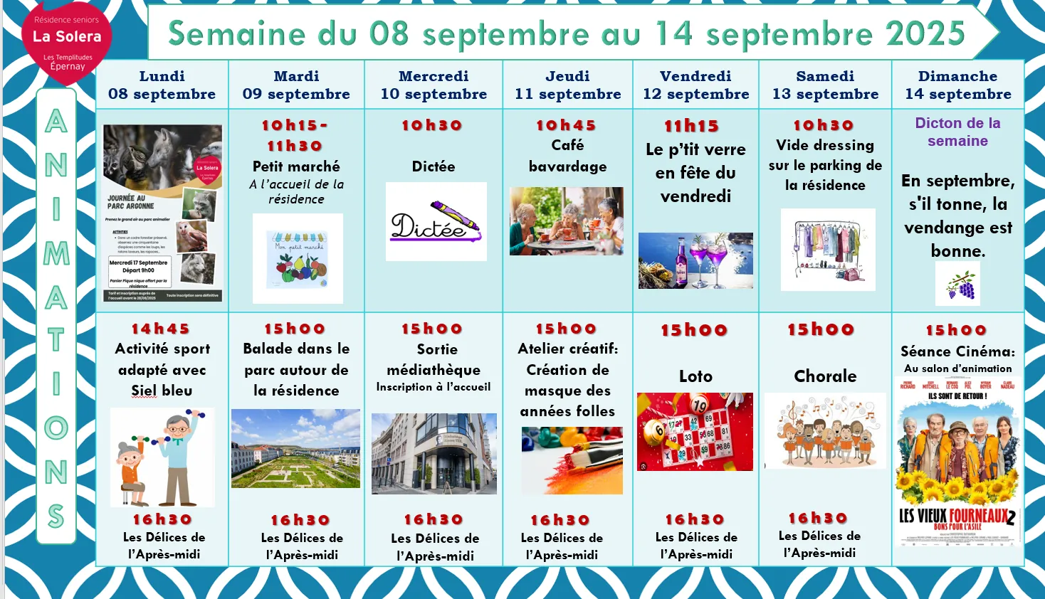 Planning des animations du 08 au 14/09
