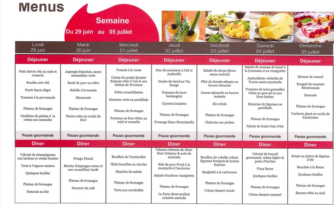 Menu du 29/06 au 05/07