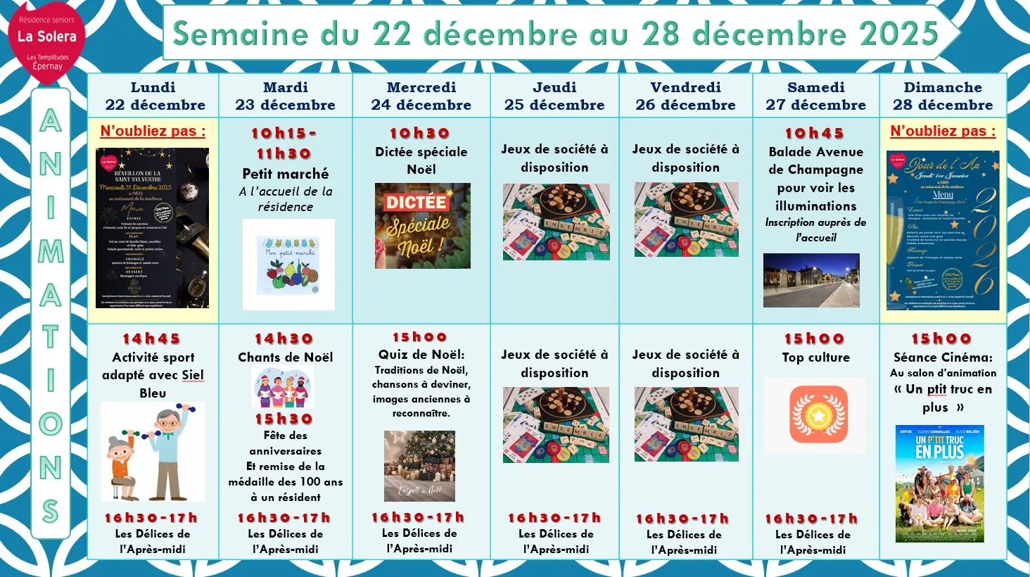 Planning des animations du 22 au 28/12