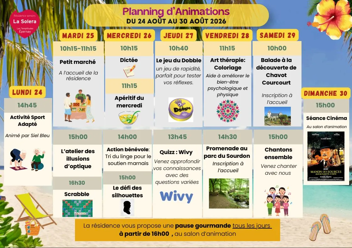Planning des animations du 24 au 30/08