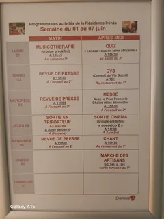 Planning d'animation résidence Irénée 