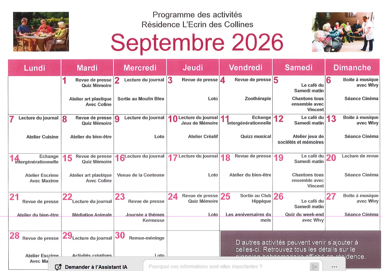 Programme animation mois septembre 