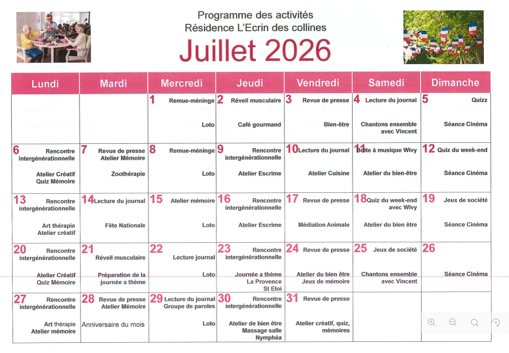 Planning animation du mois de juillet 