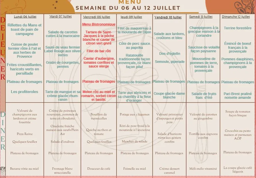 Menu du 06 au 12/07