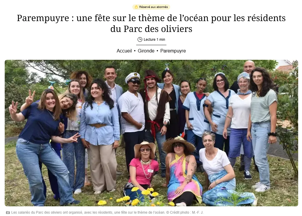 Article Sud-Ouest : Parempuyre : Une fête sur le thème de l’océan pour les résidents du Parc des oliviers