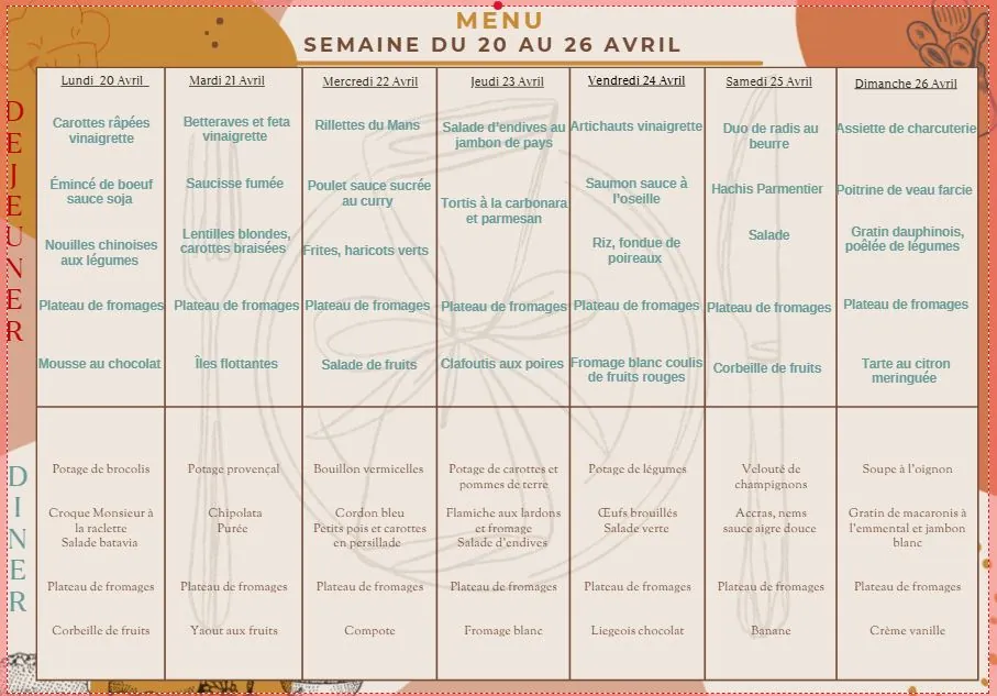Menu du 20 au 26/04