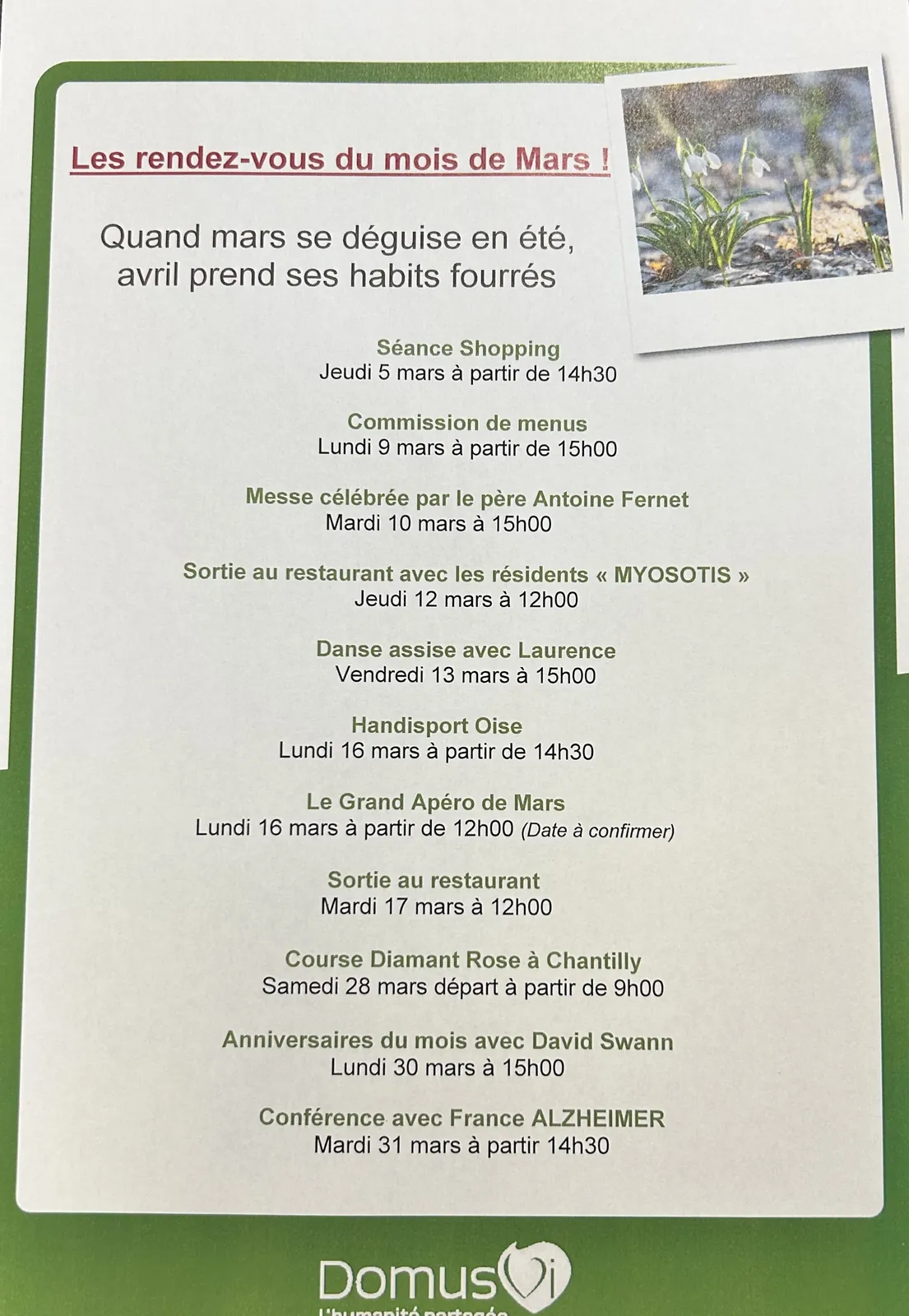 Ce mois à la résidence :  vos moments à partager
