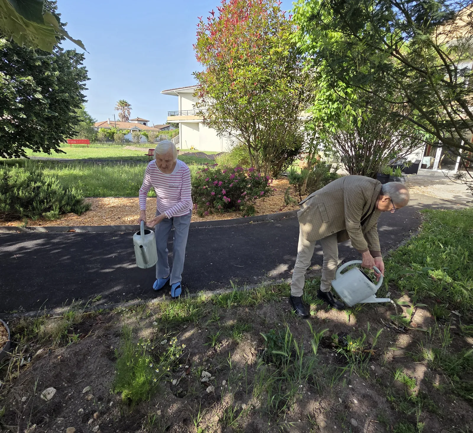 Participation des résidents à l’arrosage du jardin