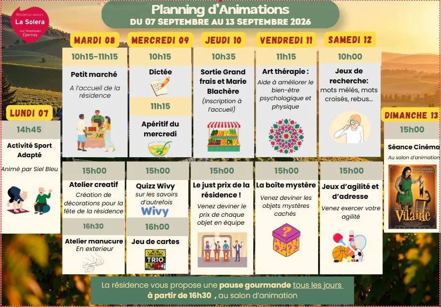 Planning des animations du 07 au 13/09