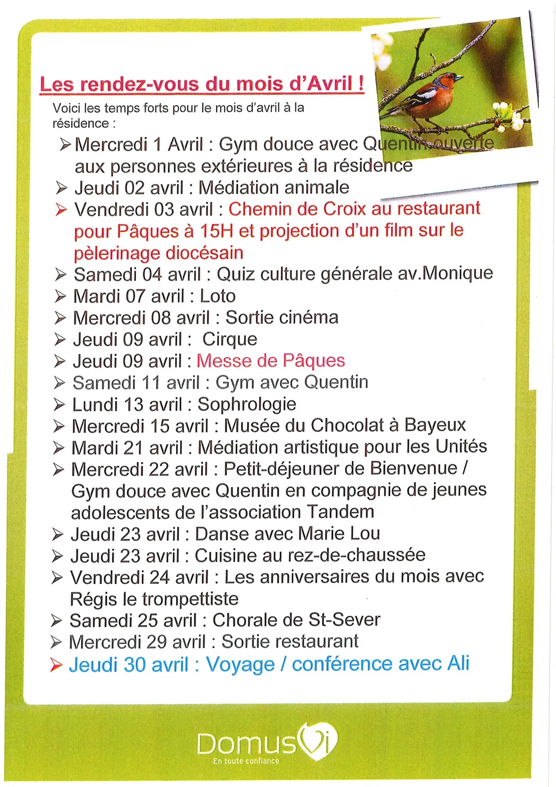 Programme du mois d'Avril
