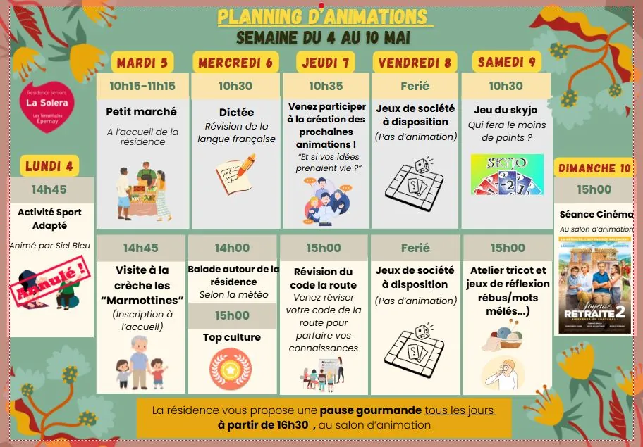 Planning des animations du 04 au 10/05