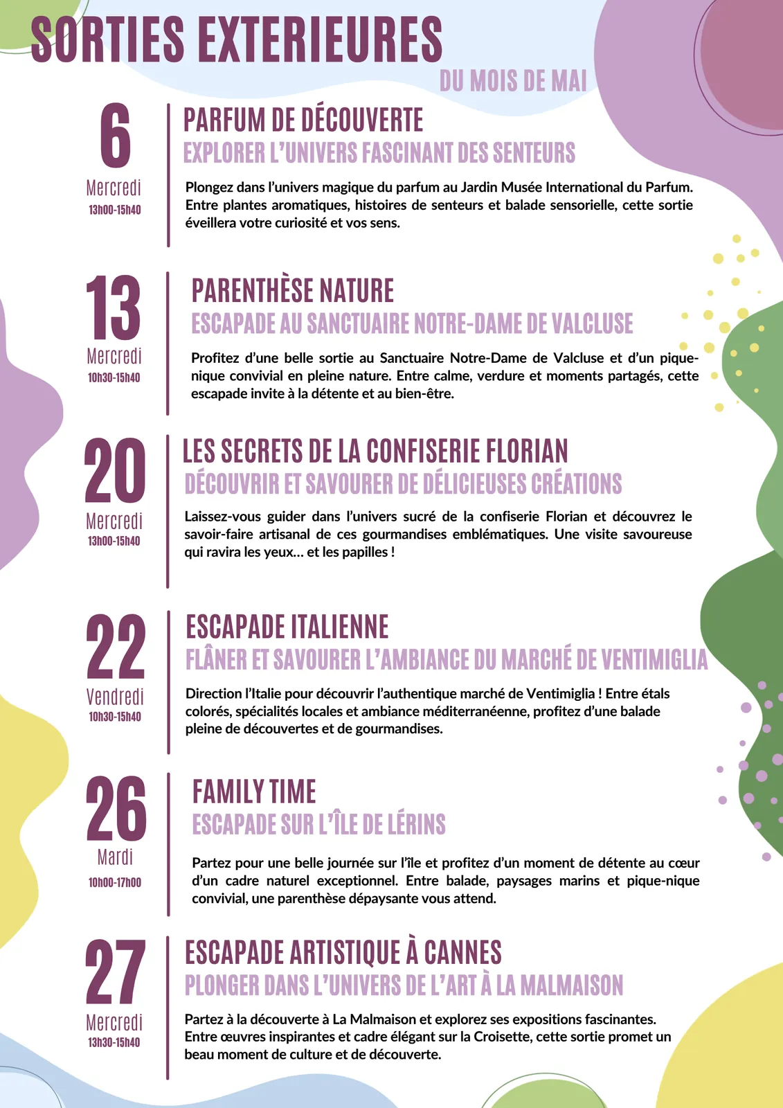 Planning des sorties – Mois de mai 