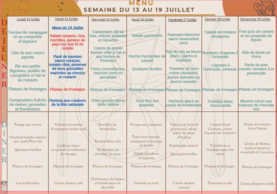 Menu du 13 au 19/07