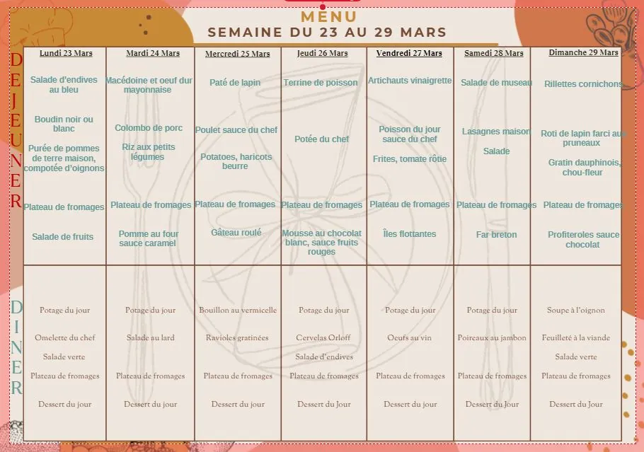 Menu du 23 au 29/03