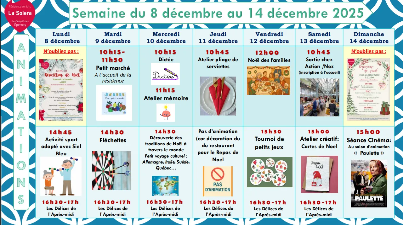 Planning des animations du 08 au 14/12
