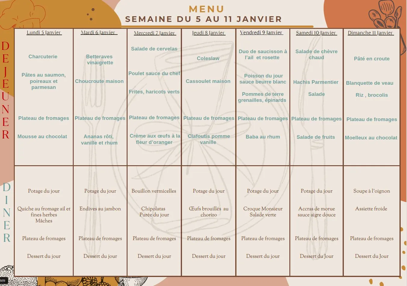 Menu du 05 au 11/01