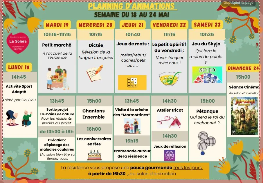 Planning des animations du 18 au 24/05