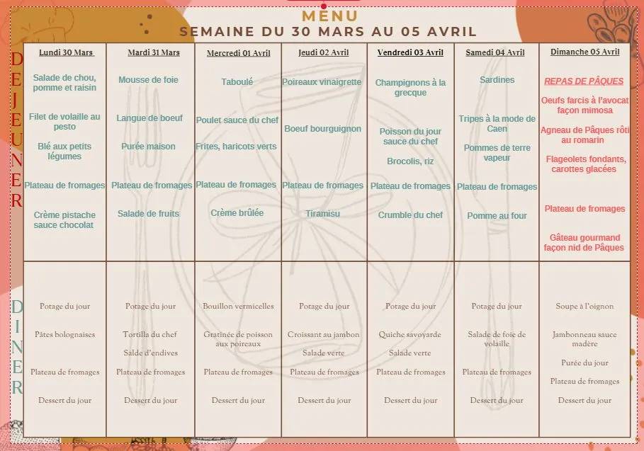 Menu du 30/03 au 05/04