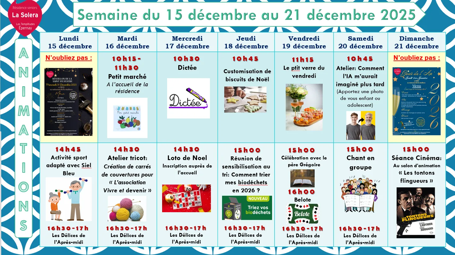 Planning des animations du 15 au 21/12