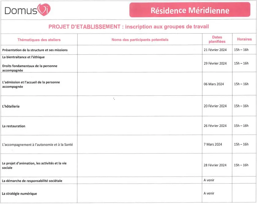 Groupe de travail pour le projet établissement 