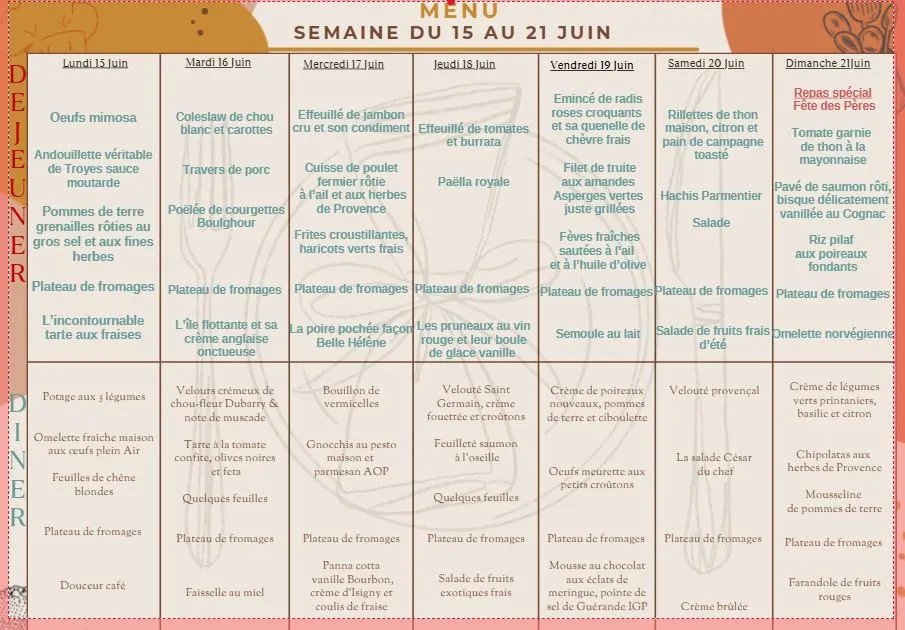 Menu du 15 au 21/06