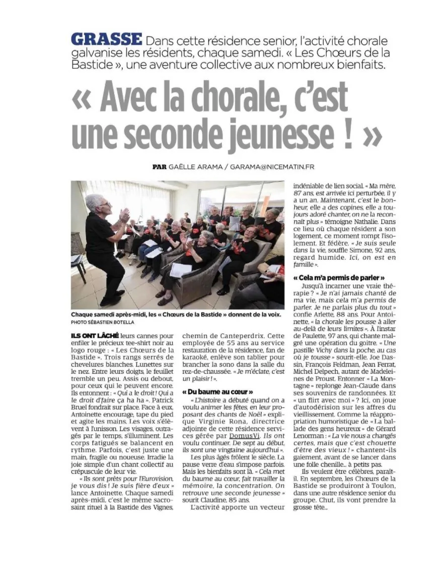 La chorale de La Bastide des Vignes mise à l’honneur dans Nice-Matin.