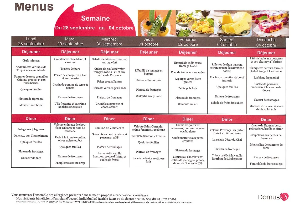 Menu du 28/009 au 04/10