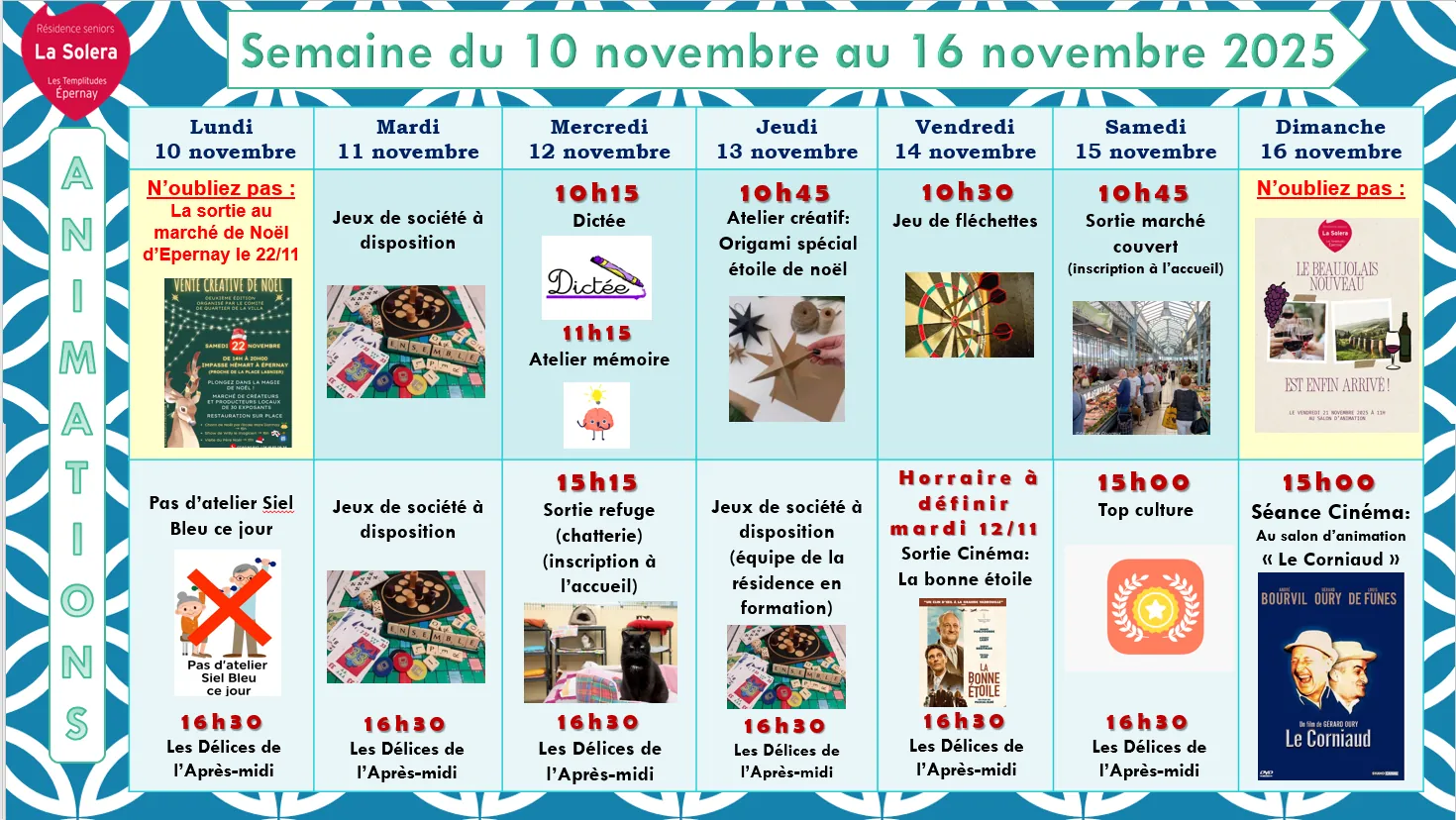Planning des animations du 10 au 16/11