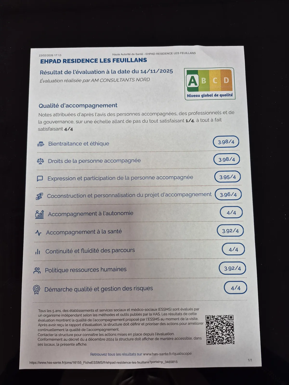 La résidence LES FEUILLANS obtient la meilleure note à son évaluation externe !