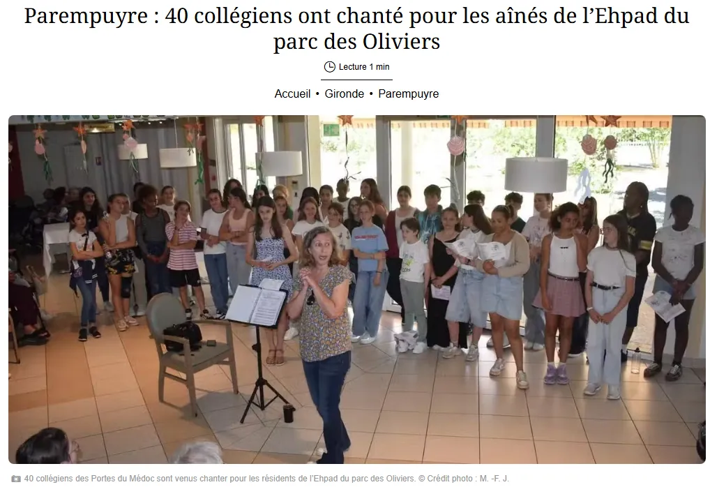 Article Sud-Ouest : Parempuyre : 40 collégiens ont chanté pour les aînés de l’Ehpad du parc des Oliviers