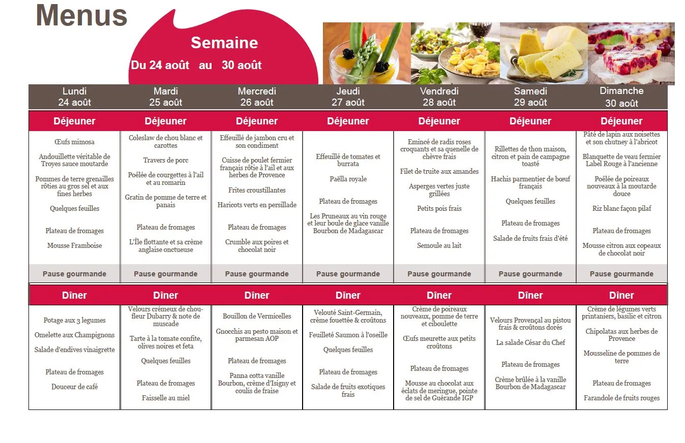 Menu du 24 au 30/08