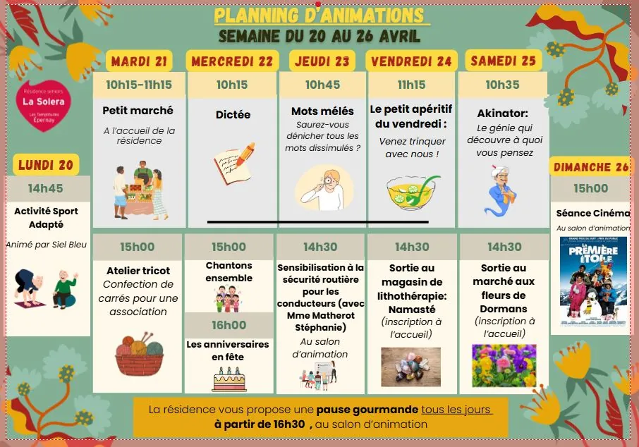 Planning des animations du 20 au 26/04
